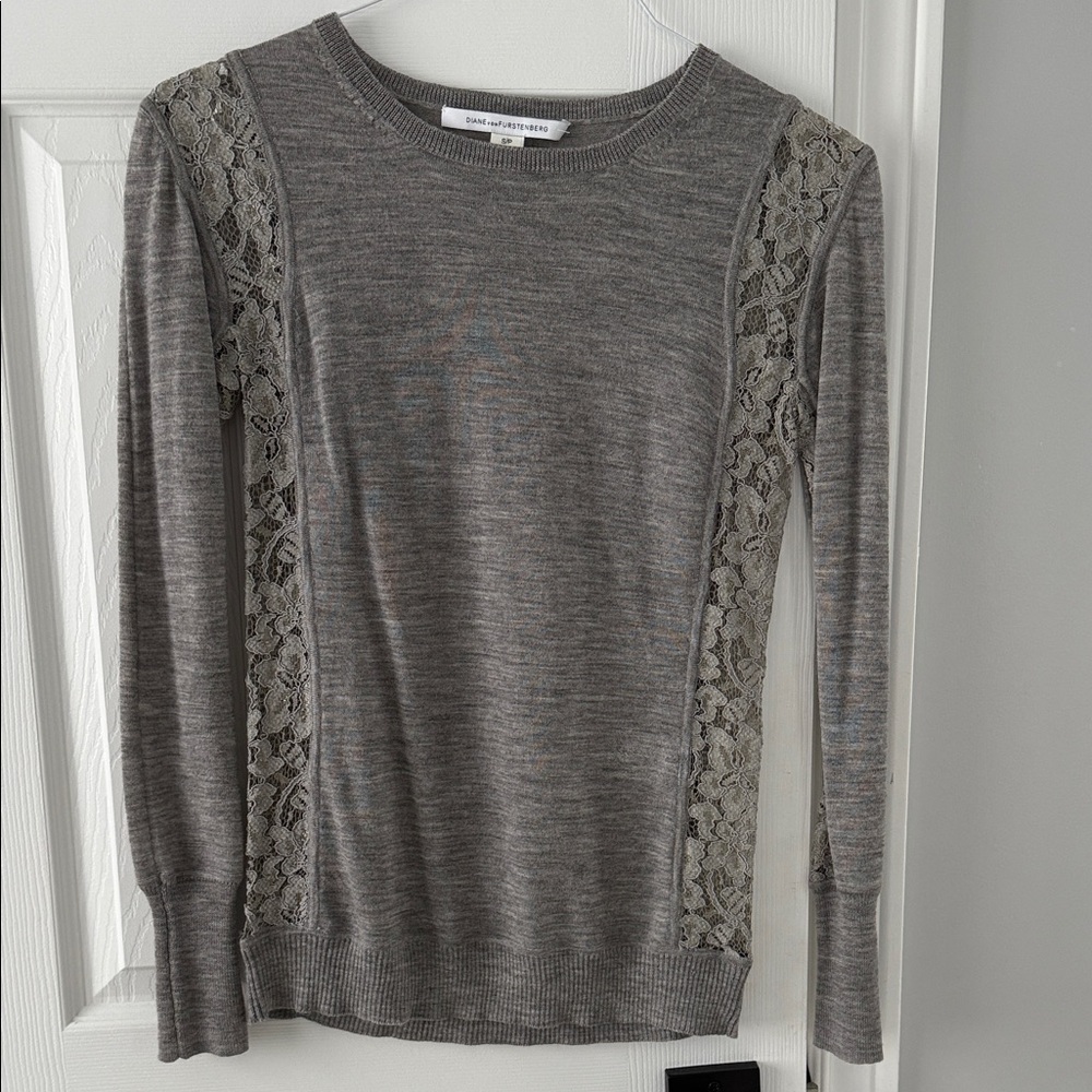 Diane Von Furstenberg Gray Sweater with Lace Panels